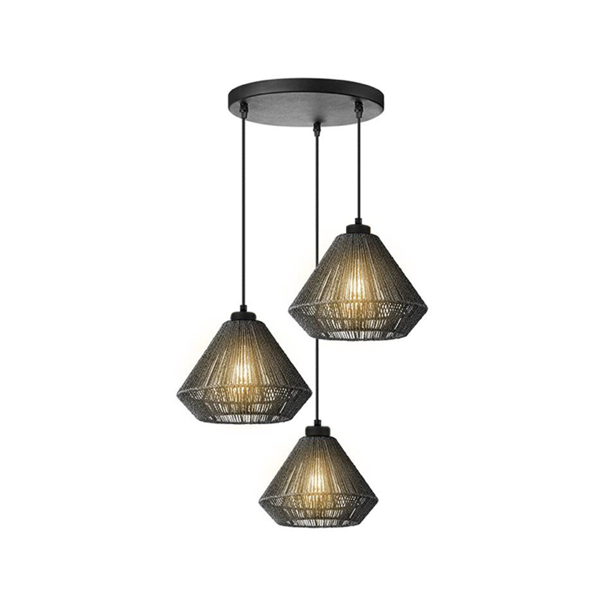 Hanglamp Ibiza Diamond 3-Lichts 30x30x150 cm - Zwart - Jute afbeelding 1