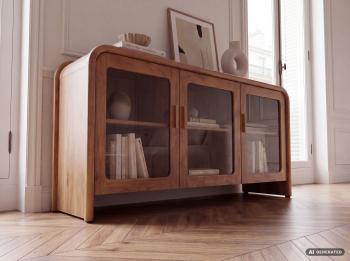 Modern dressoir mangohout met vitrinedeuren 160 cm