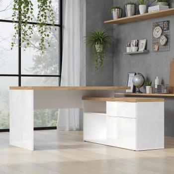hoekbureau wit hoogglans met eiken cadiz140x130 cm