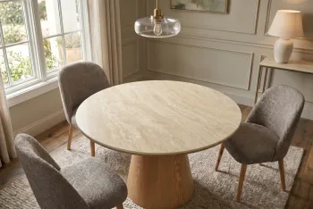 ronde tafel eiken met travertin keramiek tafelblad 120 cm