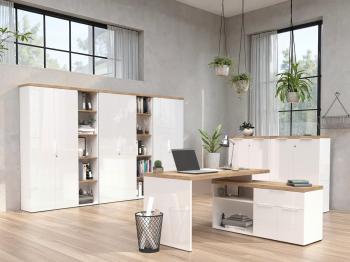 hoekbureau wit hoogglans met eiken cadiz140x130 cm
